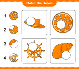 Match the halves. Match halves of Summer Hat, Orange, Ship Steering Wheel, and Sea Shells. Educational children game