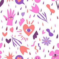 Contemporary flat doodle handrawn seamless pattern.