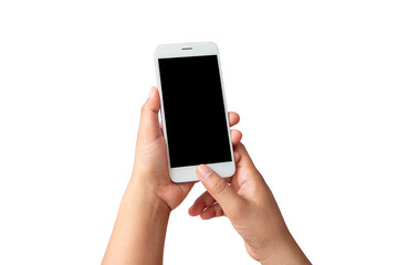 The hand is holding the white screen, the mobile phone is isolated on a white background with the clipping path.