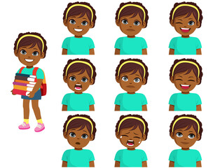 Happy young little black girl holding books with schoolbag with different emotions ready to back to school