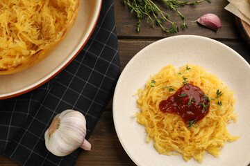 Tasty spaghetti squash with tomato sauce and thyme served on wooden table, flat lay