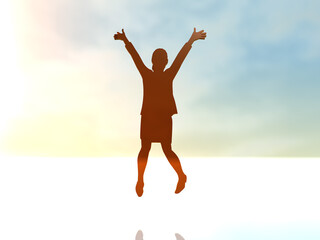 Obraz premium ジャンプして喜ぶ若者の女性シルエット