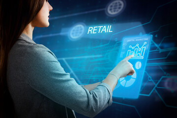 Business, Technology, Internet and network concept. Young businessman working on a virtual screen of the future and sees the inscription: Retail