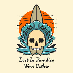 Skull and surfboard vector illustration. Hand Drawing skull, wave and surfboard.