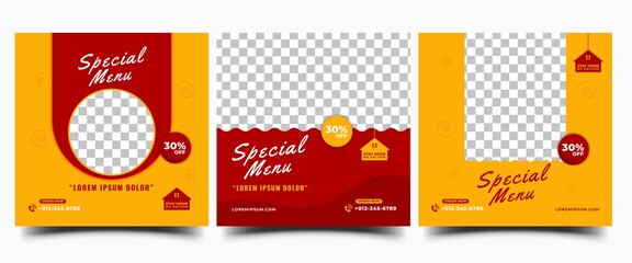 Food promotion social media template design collection. Modern promotional banner with red and yellow background color and place for the photo.