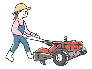 歩行型耕運機で畑を耕す若い女性