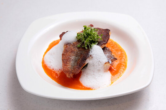 Bbq Grilled Grouper Fish Fillet With Special Bubble Red Sauce In White Background Fusion Asian Halal Menu