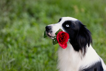 beautiful border collie dog with bright eyes with a red rose in its mouth looking up posing on the green grass
