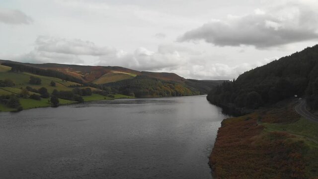 Aerial Footage over Derwent Reservoir, Derbyshire, UK. Derwent Reservoir ends in the famous Derwent Dam, famed for being used as a practice ground by pilots for the Dam Busters raids during WW2.