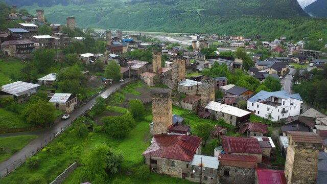 Mestia medieval stone tower houses in Zemo Svaneti, Georgia, Caucasus Mountains