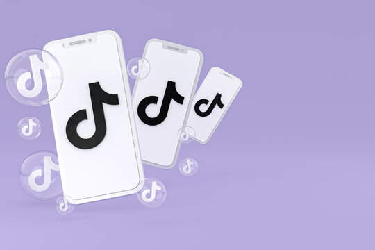 Tiktok icon on screen smartphone or mobile phone 3d render on purple background