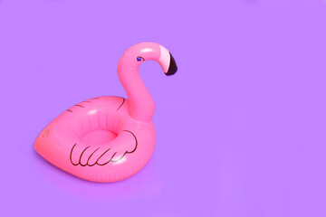 Side view of inflatable of flamingo, on purple background.