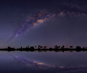 Panorama of milky way at the lake in night time.Full Panorama of milky way