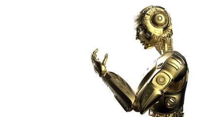 Detailed appearance of the Gold AI robot under white background. 3D illustration. 3D high quality rendering. 3D CG.