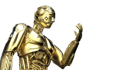 Detailed appearance of the Gold AI robot under white background. 3D illustration. 3D high quality rendering. 3D CG.