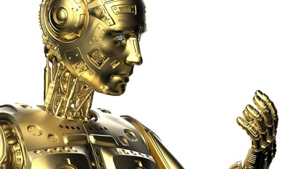 Fototapeta premium Detailed appearance of the Gold AI robot under white background. 3D illustration. 3D high quality rendering. 3D CG.