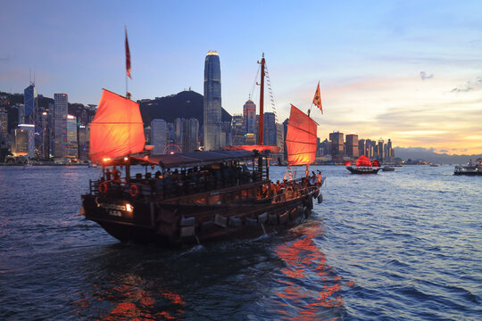 the twilight of Junk boat at Victoria Harbour 10 July 2021