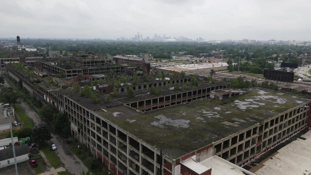 Abandoned Packard Automotive Plant in Detroit, Michigan drone video wide shot.