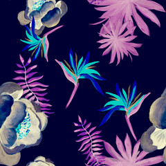 Purple Tropical Texture. Cobalt Seamless Plant. Violet Pattern Design. Blue Drawing Painting. Indigo Floral Leaf. Pink Decoration Painting. Decoration Design.
