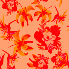 Red Pattern Design. Ruby Seamless Foliage. Pink Tropical Exotic. Scarlet Flower Art. Coral Wallpaper Design. Decoration Exotic. Watercolor Art.