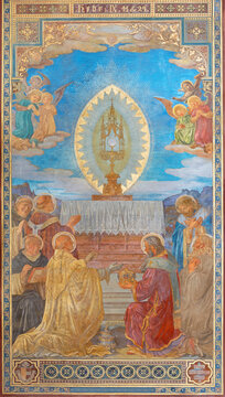 VIENNA, AUSTIRA - JUNI 24, 2021: The fresco of Adoration of holys in front of Eucharist in the Votivkirche church by brothers Carl and Franz Jobst (sc. half of 19. cent.).