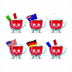 Rooibos tea cartoon character bring the flags of various countries. Vector illustration