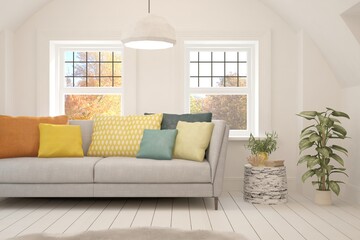 Stylish room in white color with sofa and autumn landscape in window. Scandinavian interior design. 3D illustration