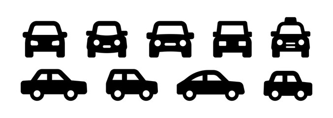Car icon set. Front view and side view vehicle vector symbol isolated on white background.