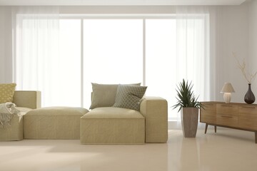 Fototapeta premium White living room with sofa. Scandinavian interior design. 3D illustration