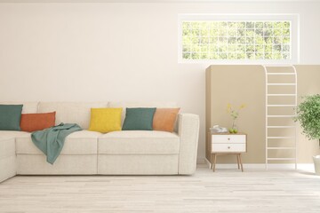 White living room with sofa. Scandinavian interior design. 3D illustration