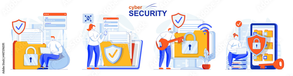 Poster cyber security concept set. protection of personal data and online account access. people isolated s