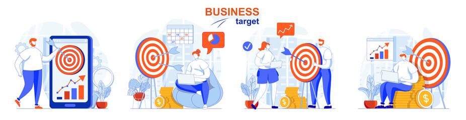 Business target concept set. Consumer analysis, planning and goal achievement. People isolated scenes in flat design. Vector illustration for blogging, website, mobile app, promotional materials.