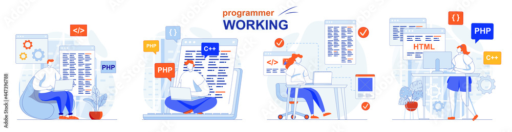 Poster Programmer working concept set. Software development, code programming, testing. People isolated scenes in flat design. Vector illustration for blogging, website, mobile app, promotional materials.