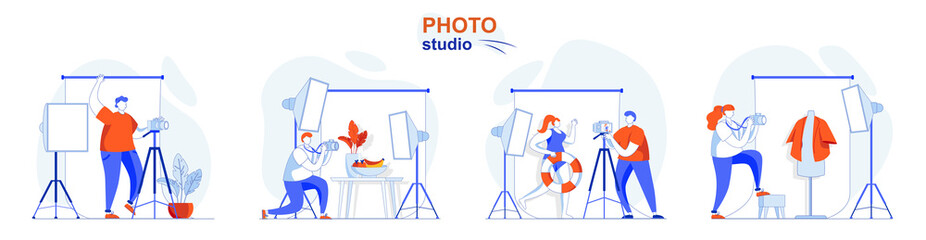 Photo studio concept set. Photographer doing photos with model, clothes or food. People isolated scenes in flat design. Vector illustration for blogging, website, mobile app, promotional materials.