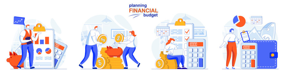 Planning financial budget concept set. Online banking, accounting and savings. People isolated scenes in flat design. Vector illustration for blogging, website, mobile app, promotional materials.