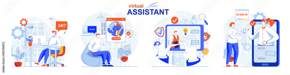 Fototapete virtual assistant concept set. clients write to chats and calls to operators. people isolated scenes