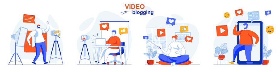 Video blogging concept set. Bloggers recording videos, create digital content. People isolated scenes in flat design. Vector illustration for blogging, website, mobile app, promotional materials.