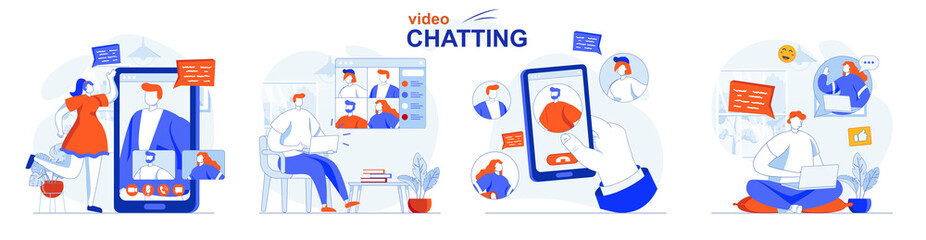 Video chatting concept set. Online communication, friends talk in video calls. People isolated scenes in flat design. Vector illustration for blogging, website, mobile app, promotional materials.