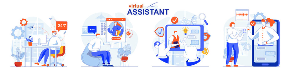 Virtual assistant concept set. Clients write to chats and calls to operators. People isolated scenes in flat design. Vector illustration for blogging, website, mobile app, promotional materials.