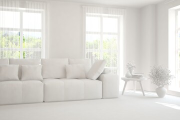 White minimalist living room with sofa. Scandinavian interior design. 3D illustration