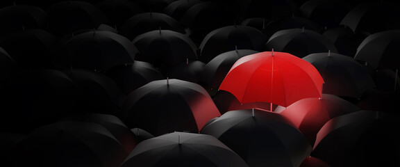 Business for Innovative,creative,new idea,change solution and different vision concepts.Standing out from the crowd,high angle view of red umbrella in mass of black umbrellas.3 render and illustration