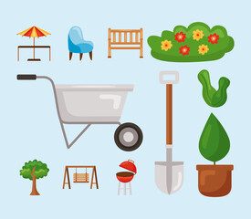 wheelbarrow and garden icon set