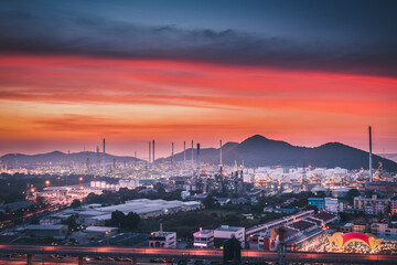 Crude Oil and Gas Refinery Plant of Manufacturing Petrochemical, Process Production Line of Oil/Gas Industry. Processing Oil Product Building of Chemical Petroleum Factory, Heavy Industrial Sector.