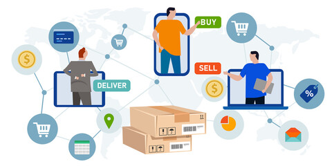 ecommerce international worldwide people buy online from mobile smartphone retail market delivery box global trading transaction digital