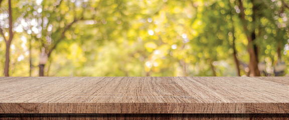 Wooden table for food, product display over blur green garden background, Empty wooden shelf, desk...