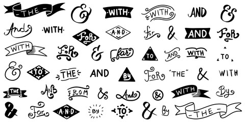 hand lettered ampersands and catchwords. vintage doodle ampersands, ribbon, catchwords, calligraphy. Hand drawn design elements set. vector illustration - 447398565