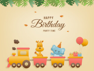 Cute jungle animal on train birthday greeting card. jungle animals celebrate children's birthdays and template invitation paper and papercraft style vector illustration. Theme happy birthday.