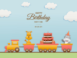 Birthday greeting card Cute jungle animal on train sky background. celebrate children's birthdays and template invitation paper and papercraft style vector illustration. Theme happy birthday.