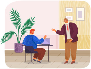 Office workers male characters meeting, discussing matters at table with laptop considering plan. Business people dressed in formal clothes are talking, communicating. Employee is consulting with chef