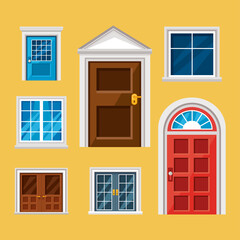 front doors and windows icon set
